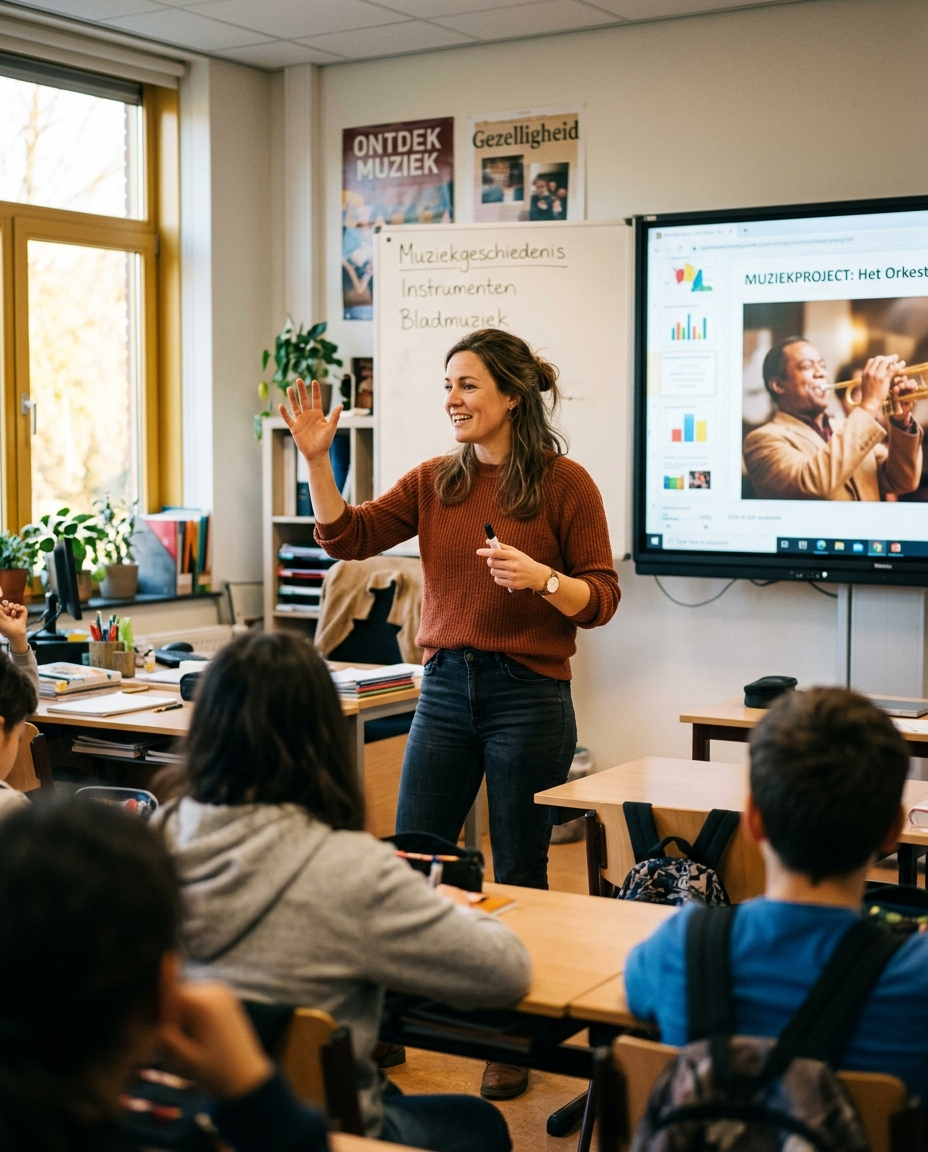 Een docent voor de klas, leerlingen op de rug gezien