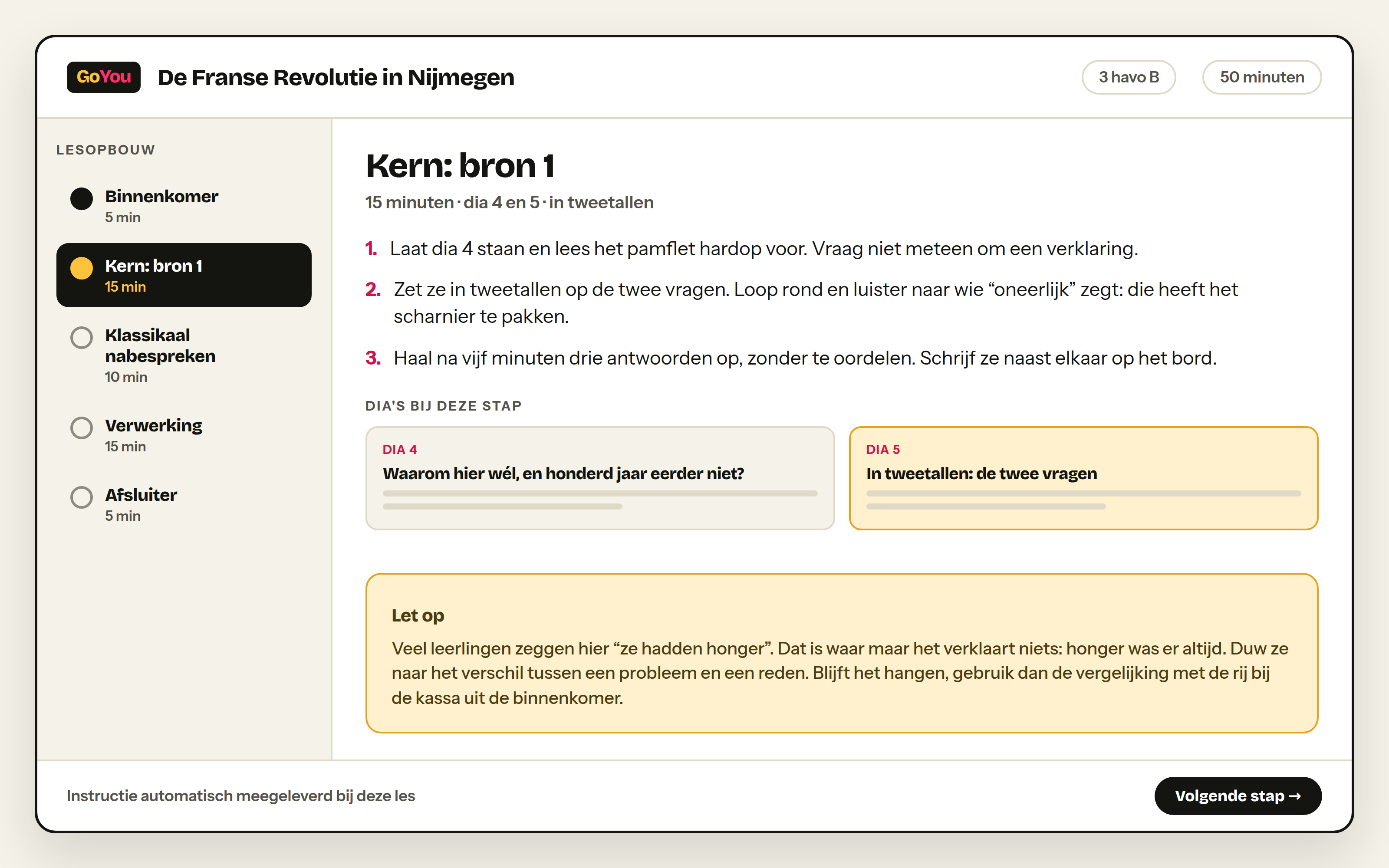 De docentinstructie bij een GoYou-les, met aantekeningen per stap