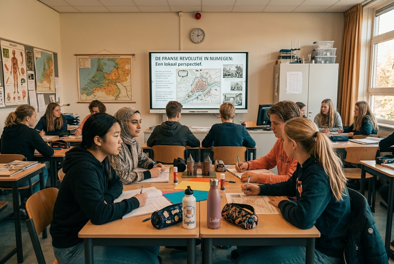 Een vaklokaal in het voortgezet onderwijs, leerlingen niet herkenbaar in beeld
